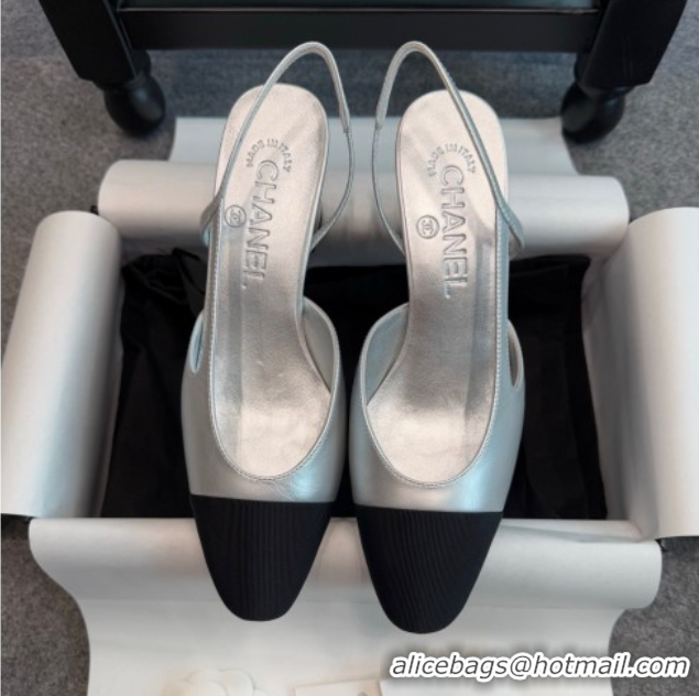 Buy Luxury Chanel Metallic Leather & Grosgrain Slingback Pumps G31318 6.5cm Silver/Black