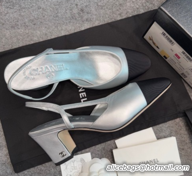 Buy Luxury Chanel Metallic Leather & Grosgrain Slingback Pumps G31318 6.5cm Silver/Black
