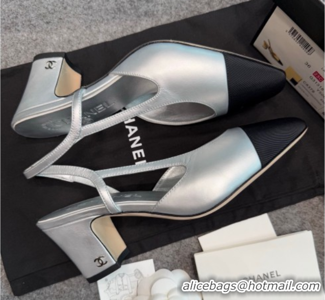 Buy Luxury Chanel Metallic Leather & Grosgrain Slingback Pumps G31318 6.5cm Silver/Black