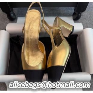 Unique Style Chanel Metallic Leather & Grosgrain Slingback Pumps G31318 6.5cm Black/Gold