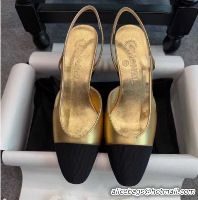 Unique Style Chanel Metallic Leather & Grosgrain Slingback Pumps G31318 6.5cm Black/Gold