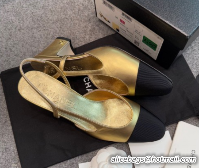 Unique Style Chanel Metallic Leather & Grosgrain Slingback Pumps G31318 6.5cm Black/Gold