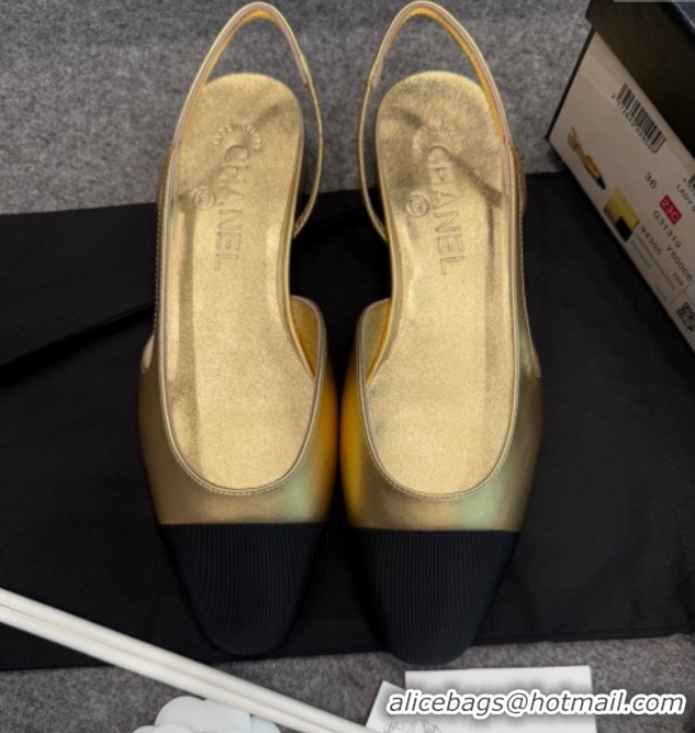 Unique Style Chanel Metallic Leather & Grosgrain Slingback Pumps G31318 6.5cm Black/Gold
