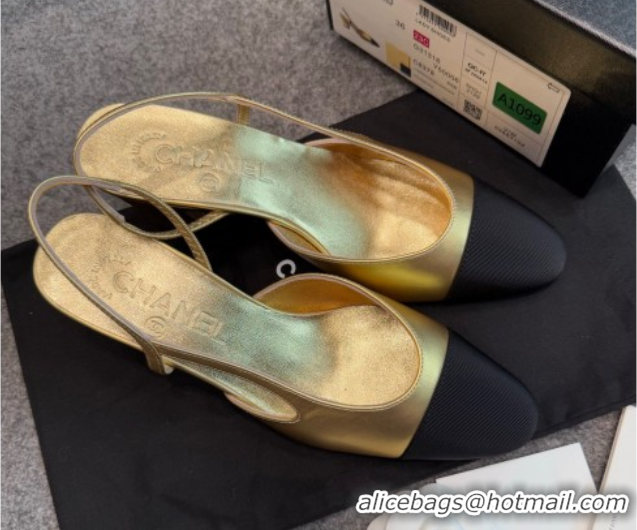 Unique Style Chanel Metallic Leather & Grosgrain Slingback Pumps G31318 6.5cm Black/Gold