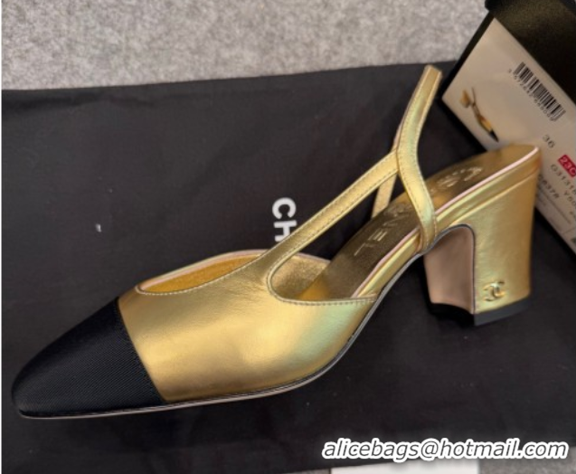 Unique Style Chanel Metallic Leather & Grosgrain Slingback Pumps G31318 6.5cm Black/Gold