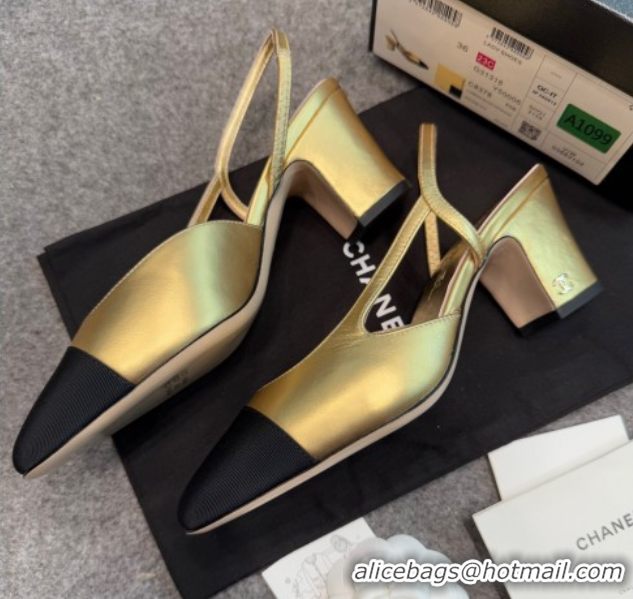 Unique Style Chanel Metallic Leather & Grosgrain Slingback Pumps G31318 6.5cm Black/Gold