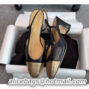Cheapest Chanel Metallic & Calf Leather Slingback Pumps G31318 6.5cm Black/Gold