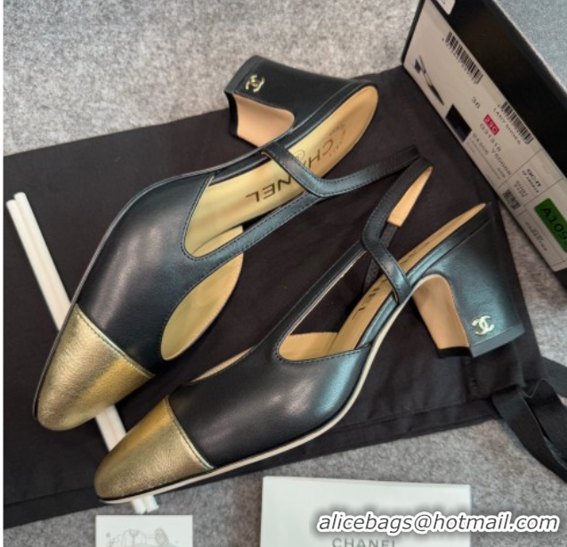 Cheapest Chanel Metallic & Calf Leather Slingback Pumps G31318 6.5cm Black/Gold