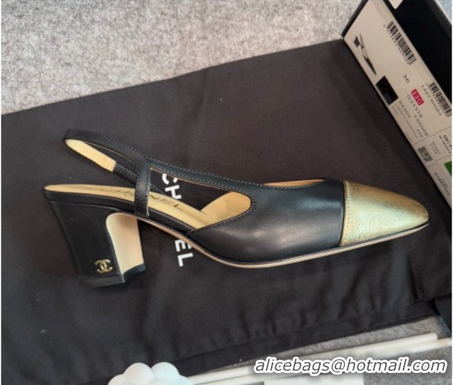 Cheapest Chanel Metallic & Calf Leather Slingback Pumps G31318 6.5cm Black/Gold
