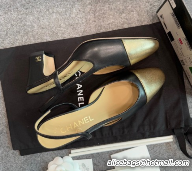 Cheapest Chanel Metallic & Calf Leather Slingback Pumps G31318 6.5cm Black/Gold