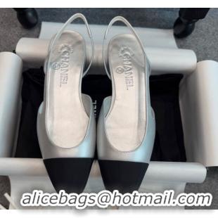 Top Design Chanel Metallic Leather & Grosgrain Slingback Flats G31319 Silver/Black