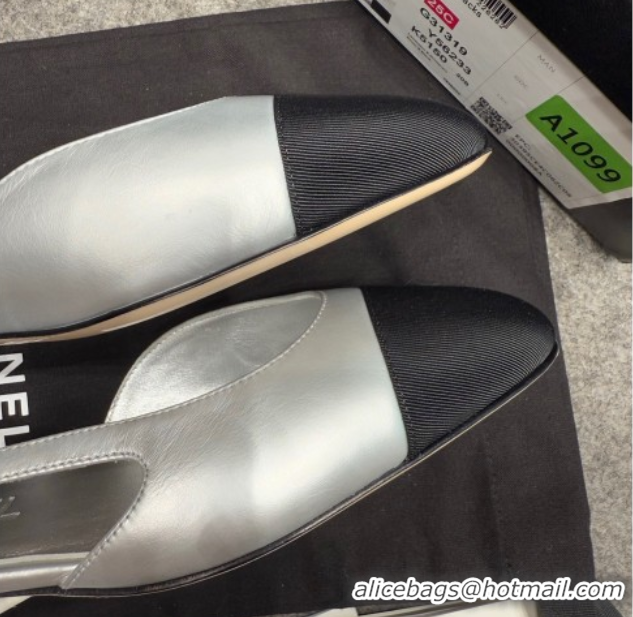 Top Design Chanel Metallic Leather & Grosgrain Slingback Flats G31319 Silver/Black