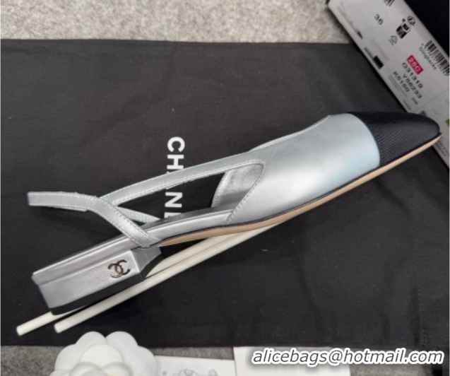 Top Design Chanel Metallic Leather & Grosgrain Slingback Flats G31319 Silver/Black
