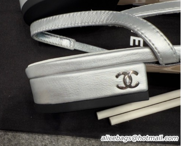 Top Design Chanel Metallic Leather & Grosgrain Slingback Flats G31319 Silver/Black