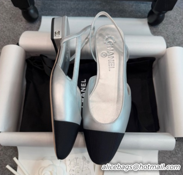 Top Design Chanel Metallic Leather & Grosgrain Slingback Flats G31319 Silver/Black