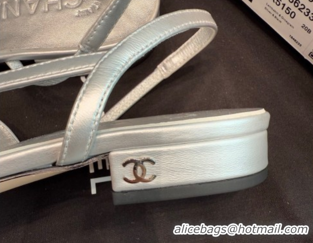 Top Design Chanel Metallic Leather & Grosgrain Slingback Flats G31319 Silver/Black