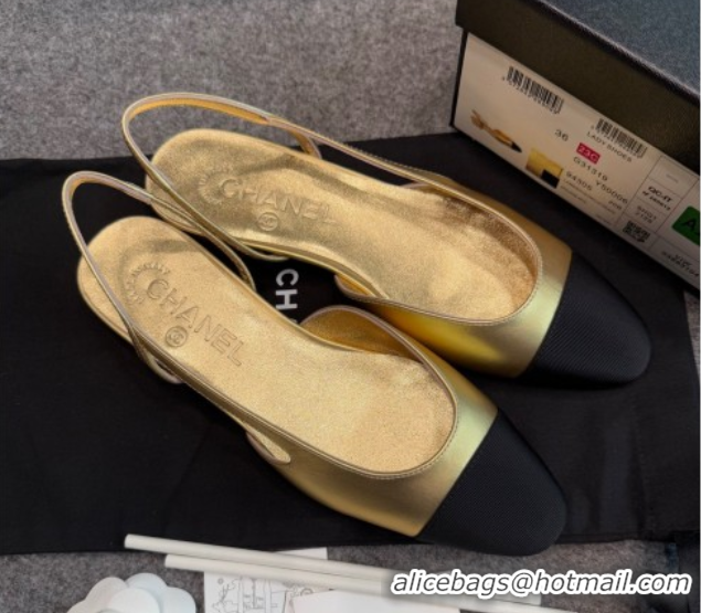 Buy Discount Chanel Metallic Leather & Grosgrain Slingback Flats G31319 Black/Gold
