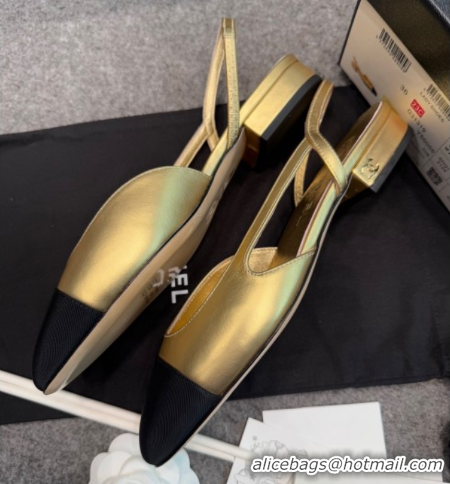 Buy Discount Chanel Metallic Leather & Grosgrain Slingback Flats G31319 Black/Gold