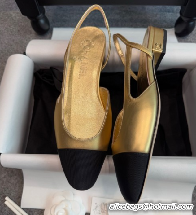 Buy Discount Chanel Metallic Leather & Grosgrain Slingback Flats G31319 Black/Gold