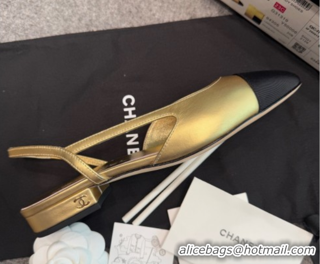 Buy Discount Chanel Metallic Leather & Grosgrain Slingback Flats G31319 Black/Gold