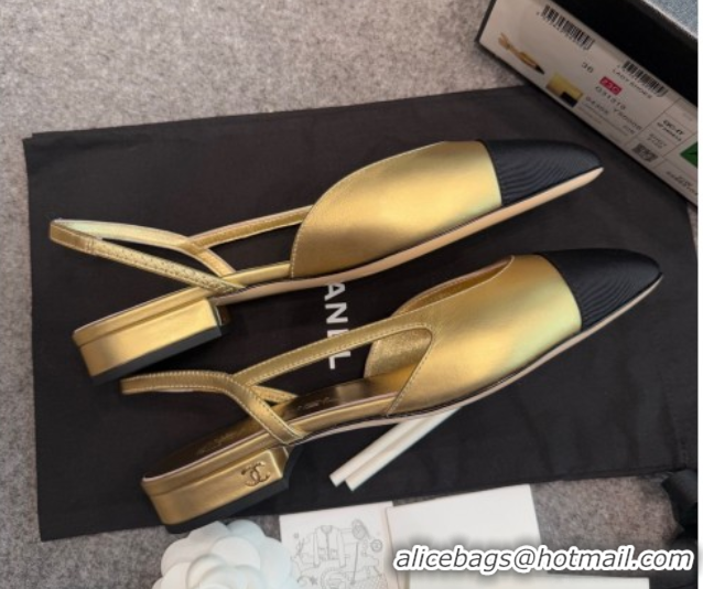 Buy Discount Chanel Metallic Leather & Grosgrain Slingback Flats G31319 Black/Gold