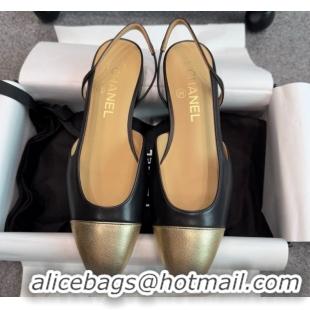 Classic Hot Chanel Metallic & Calf Leather Slingback Flats G31319 Black/Gold