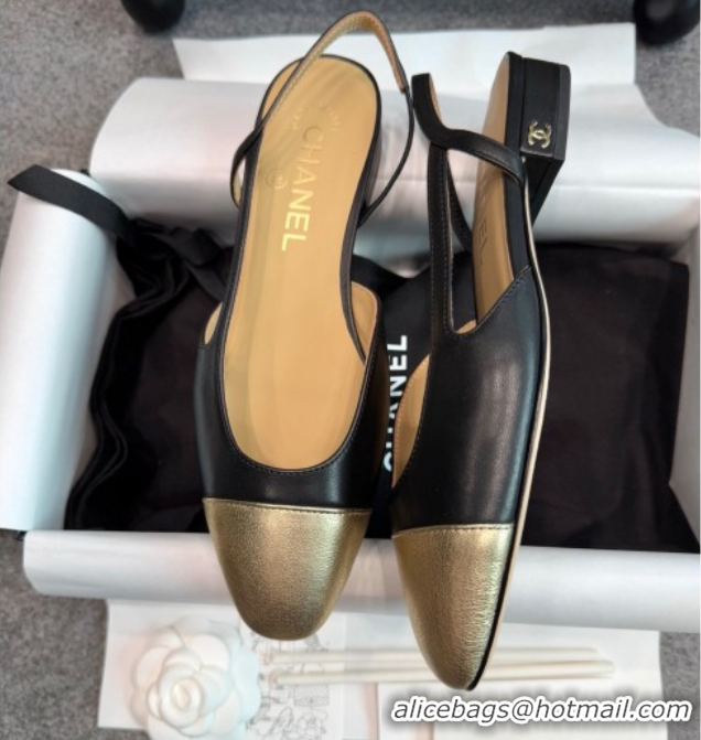 Classic Hot Chanel Metallic & Calf Leather Slingback Flats G31319 Black/Gold
