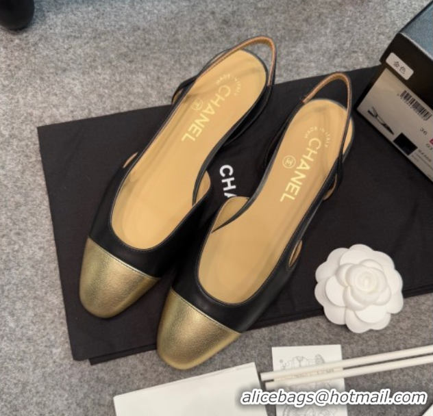 Classic Hot Chanel Metallic & Calf Leather Slingback Flats G31319 Black/Gold