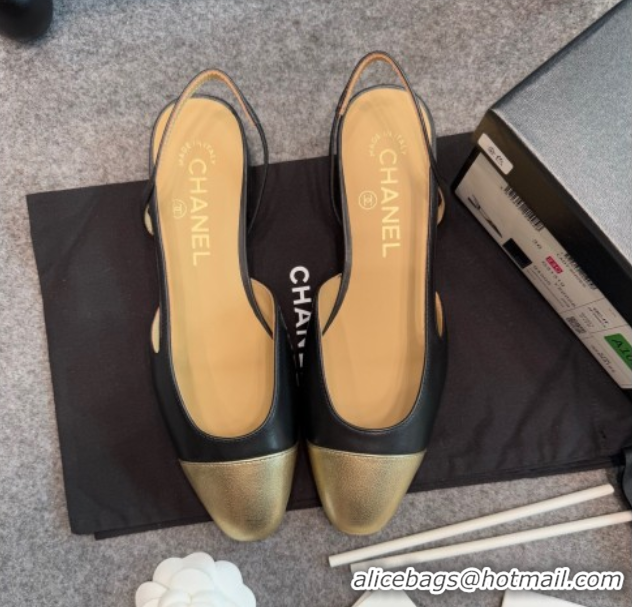 Classic Hot Chanel Metallic & Calf Leather Slingback Flats G31319 Black/Gold