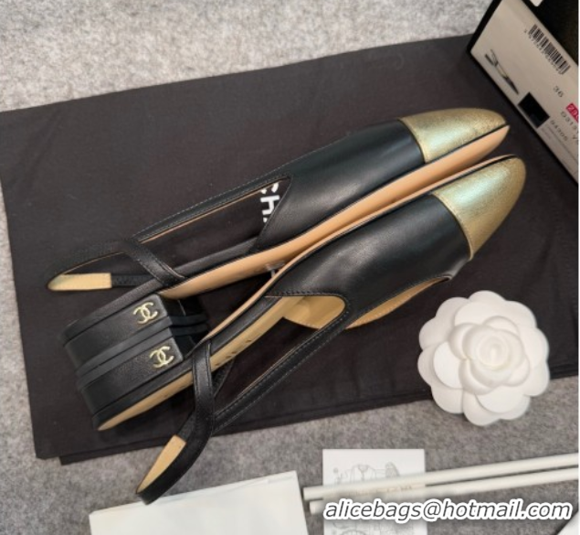 Classic Hot Chanel Metallic & Calf Leather Slingback Flats G31319 Black/Gold