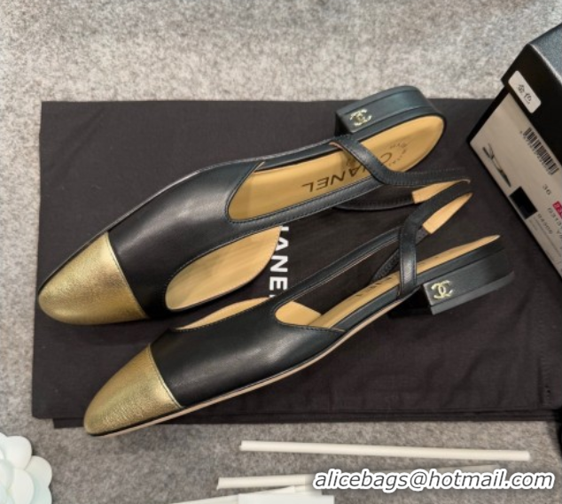 Classic Hot Chanel Metallic & Calf Leather Slingback Flats G31319 Black/Gold