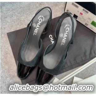 Top Grade Chanel Suede & Patent Leather Slingback Pumps G31318 Black