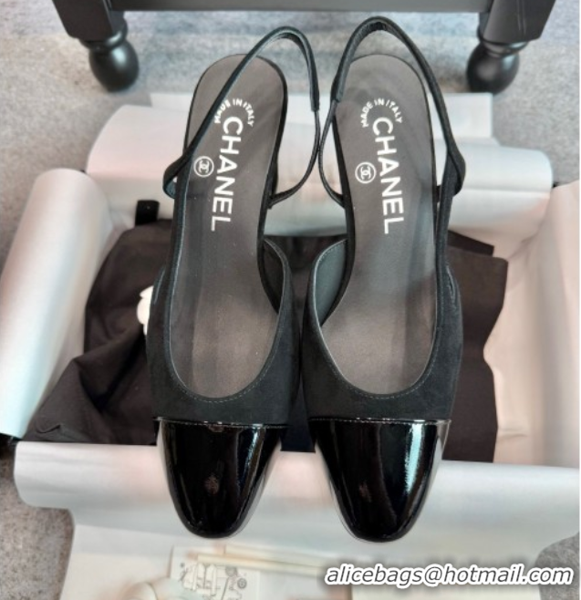 Top Grade Chanel Suede & Patent Leather Slingback Pumps G31318 Black