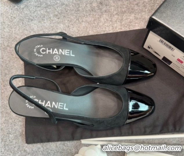 Top Grade Chanel Suede & Patent Leather Slingback Pumps G31318 Black