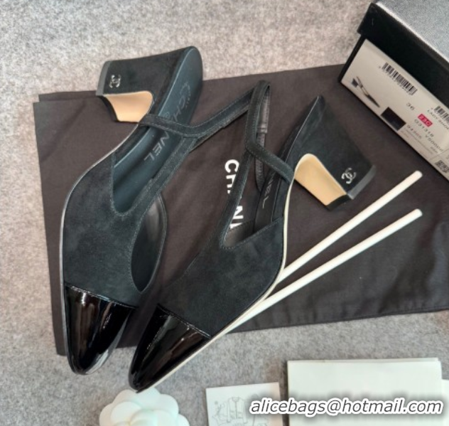 Top Grade Chanel Suede & Patent Leather Slingback Pumps G31318 Black