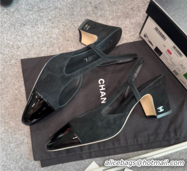Top Grade Chanel Suede & Patent Leather Slingback Pumps G31318 Black