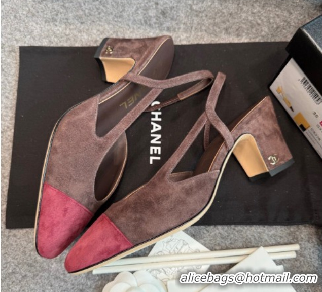 Durable Chanel Suede Slingback Pumps G31318 Brown/Red