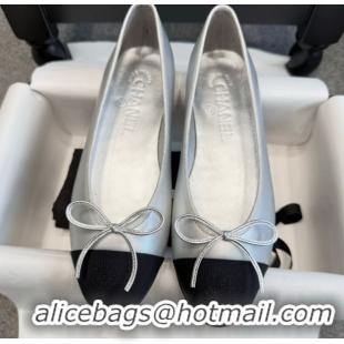 Low Price Chanel Metallic Leather & Grosgrain Ballet Flats G02819 Silver
