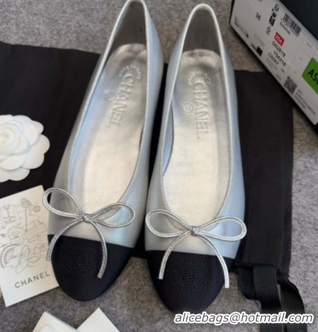 Low Price Chanel Metallic Leather & Grosgrain Ballet Flats G02819 Silver