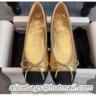 Popular Style Chanel Metallic Leather & Grosgrain Ballet Flats G02819 Gold