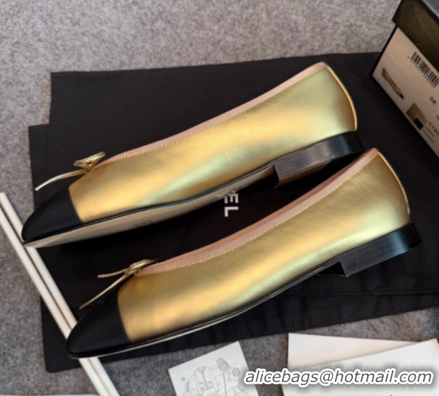 Popular Style Chanel Metallic Leather & Grosgrain Ballet Flats G02819 Gold