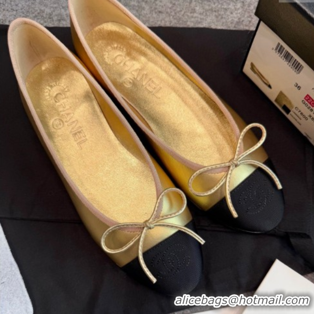 Popular Style Chanel Metallic Leather & Grosgrain Ballet Flats G02819 Gold