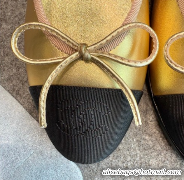 Popular Style Chanel Metallic Leather & Grosgrain Ballet Flats G02819 Gold