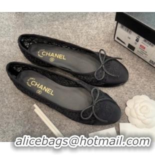 Classic Chanel Embroidered Mesh & Grosgrain Ballet Flats G02819 Black