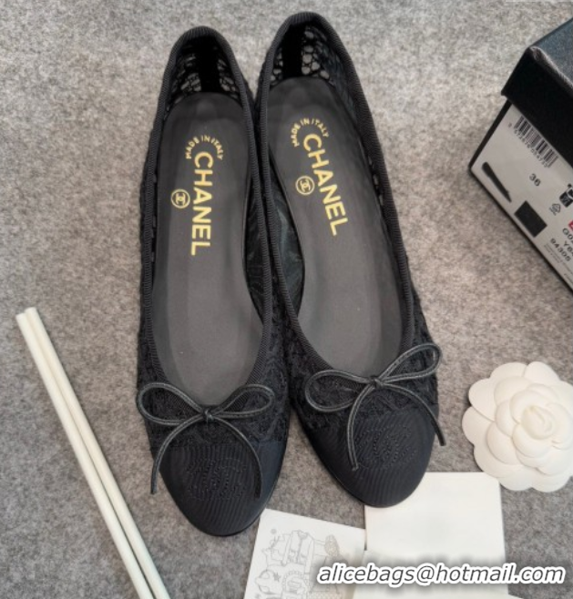 Classic Chanel Embroidered Mesh & Grosgrain Ballet Flats G02819 Black