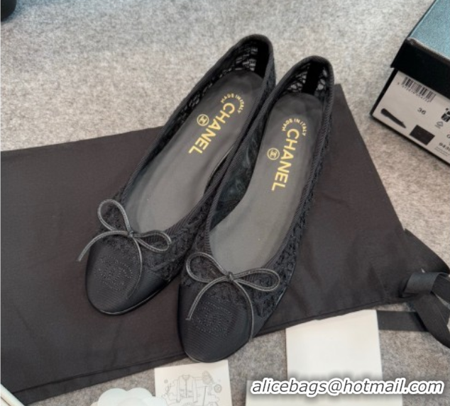 Classic Chanel Embroidered Mesh & Grosgrain Ballet Flats G02819 Black