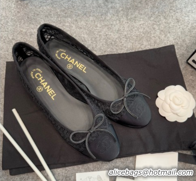 Classic Chanel Embroidered Mesh & Grosgrain Ballet Flats G02819 Black