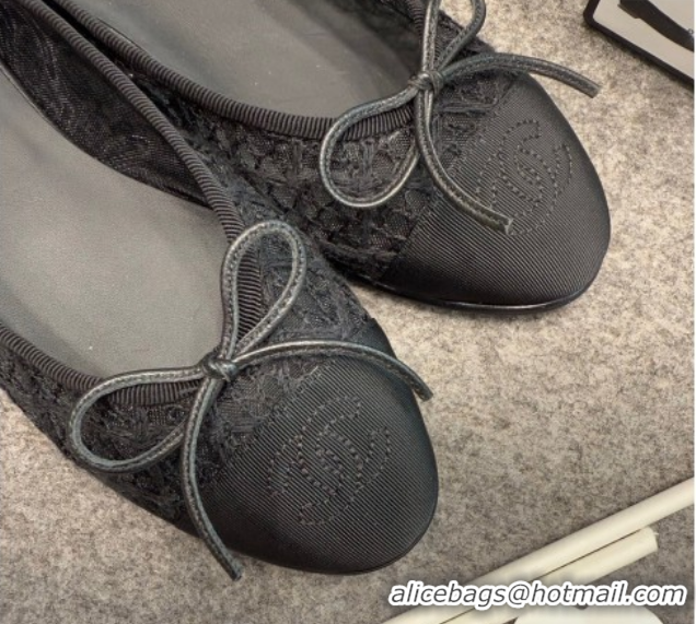 Classic Chanel Embroidered Mesh & Grosgrain Ballet Flats G02819 Black