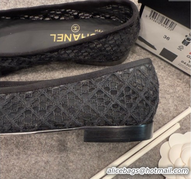 Classic Chanel Embroidered Mesh & Grosgrain Ballet Flats G02819 Black