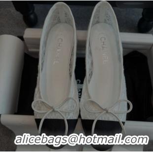 Top Grade Chanel Embroidered Mesh & Grosgrain Ballet Flats G02819 White